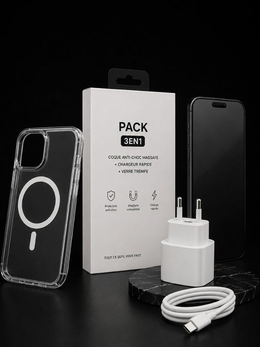 Pack 3EN1 – Coque MagSafe + Chargeur + Verre Trempé